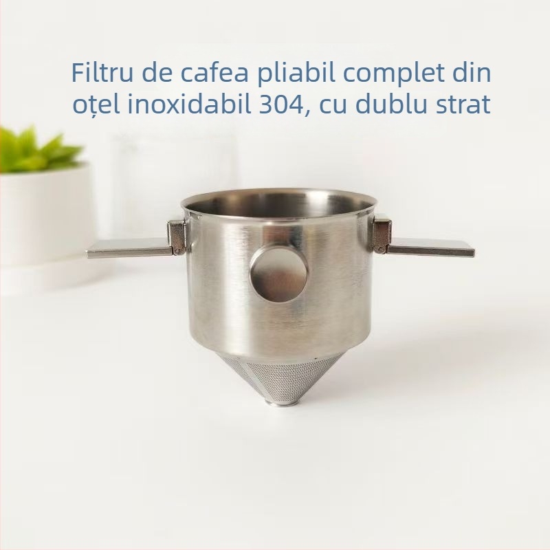 Ceșuță de cafea pliabilă cu două urechi, tip curgere fără filtru de hârtie, din oțel inoxidabil 304, accesoriu portabil de preparare