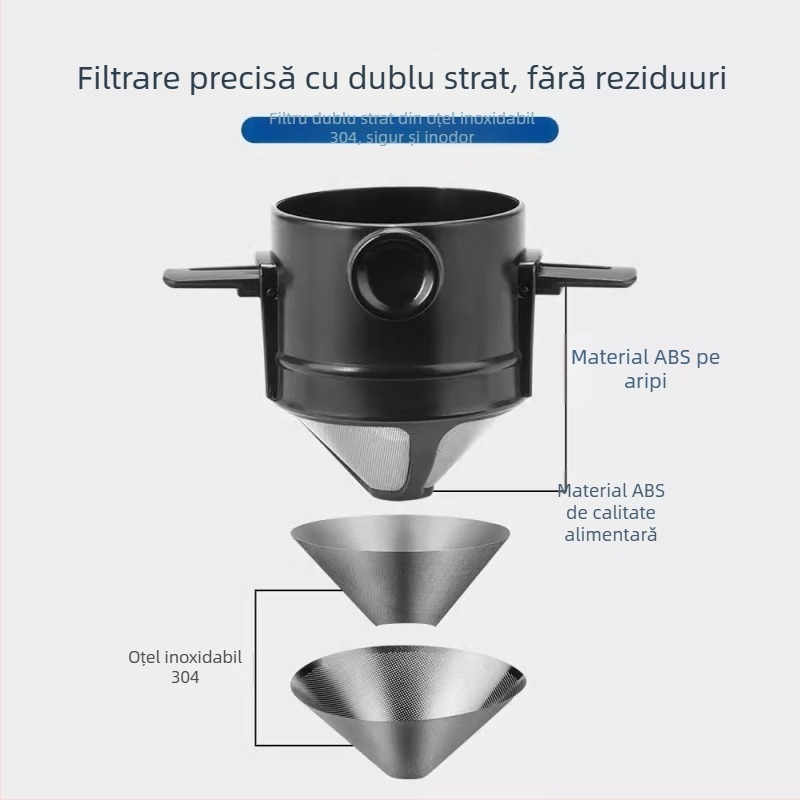 Filtru de cafea din oțel inoxidabil, reutilizabil, fără filtru de hârtie, filtru pour-over portabil, pliabil, cu mâner de agățare