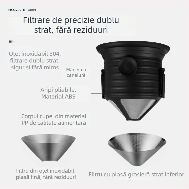 Filtru de cafea din oțel inoxidabil, mare, portabil, pliabil, cu sită – pentru preparare prin turnare, fără filtru de hârtie