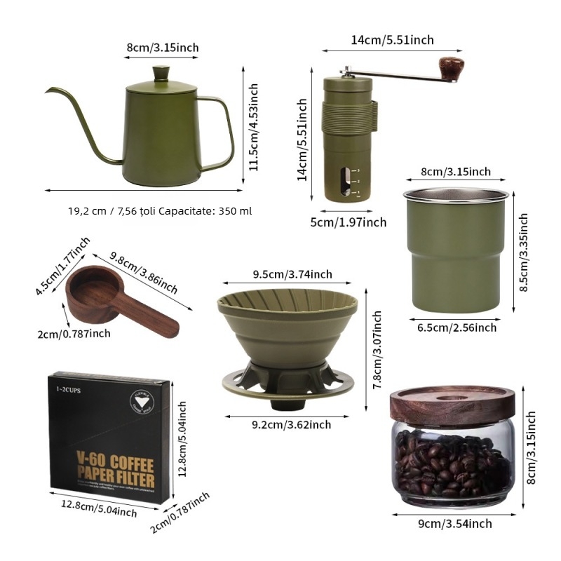 Set portabil de cafea pentru infuzie manuală, pentru camping în aer liber: ceașcă, cafetieră, râșniță, filtre și recipient cafea