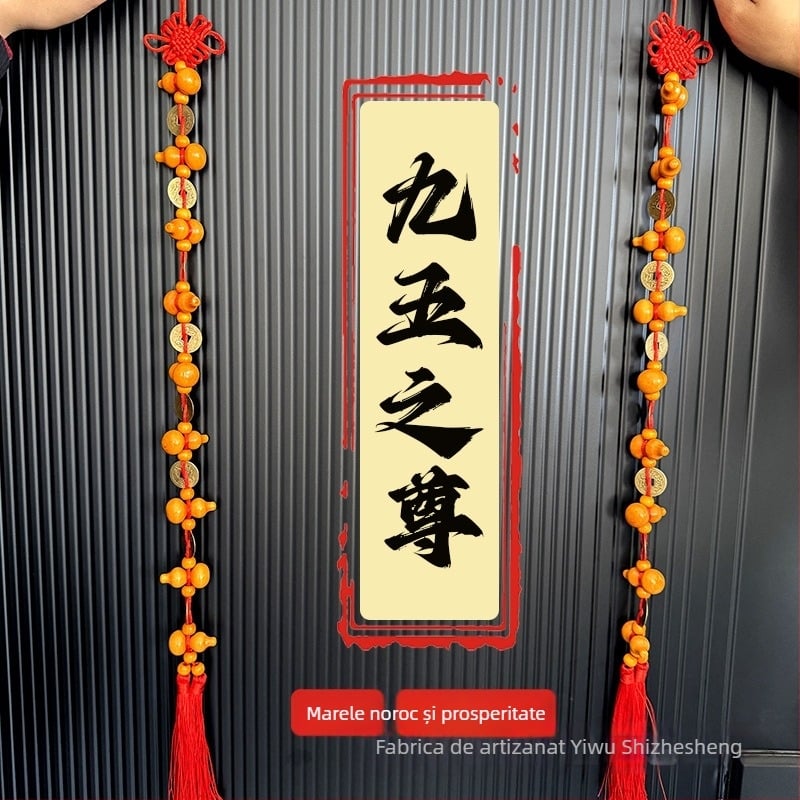 Pandantiv din lemn masiv, în formă de dovleac, cu monede din cupru și nod chinezesc, pentru decorul ușilor și al livingului