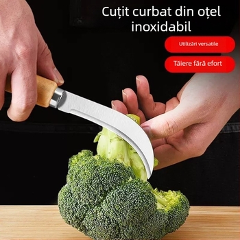 Cuțit curbat din oțel inoxidabil, mâner din lemn – decojitor pentru ananas și fructe, cuțit multifuncțional pentru banane și tăietor pentru praz, în stoc