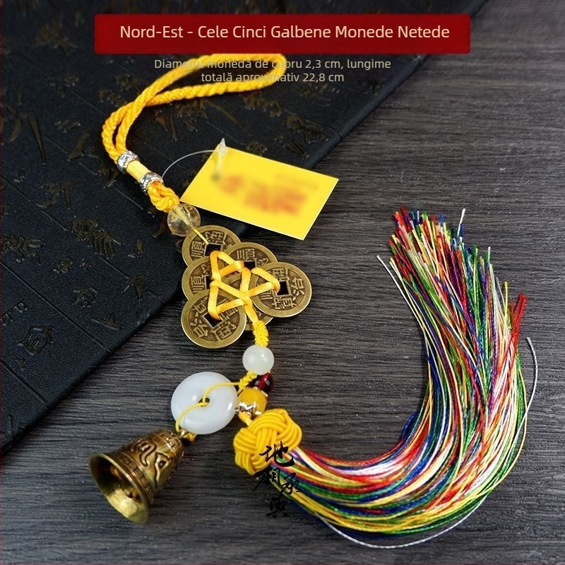 Pandantiv decorativ din cupru, nod chinezesc, lucrat manual, pentru anul calului 2026: nouă norocuri purpurii de foc, cinci amulete galbene, două amulete negre, plus șase și opt monede de cupru.