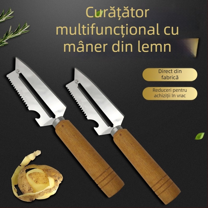 Peler multifuncțional din oțel inoxidabil pentru fructe și legume, mâner din lemn, cu unealtă pentru ananas