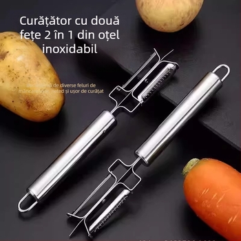 Cuțit dublu pentru decojit, cuțit de decojit multifuncțional, cuțit pentru fructe, răzuitor cu trei funcții, descojitor, instrument de bucătărie, portabil