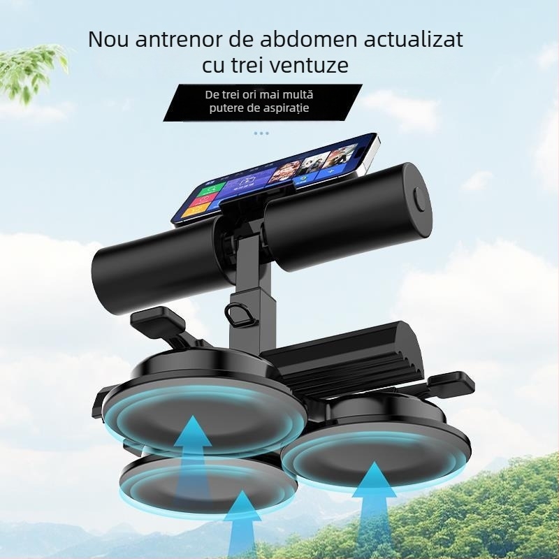 Dispozitiv de asistență pentru sit-up cu trei ventuze și benzi de rezistență