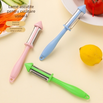 Curățător cu mâner lung, trei în unu — răzuitor din plastic, răzuitor pentru pepene și fructe, cuțit de decojit