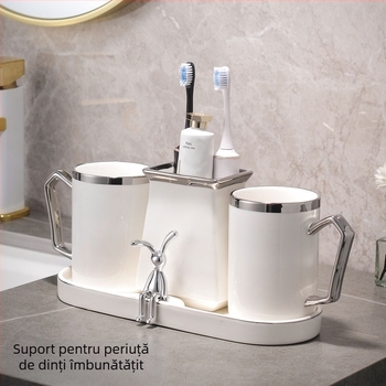Set din două cești ceramice pentru periute de dinți, cu suport de depozitare