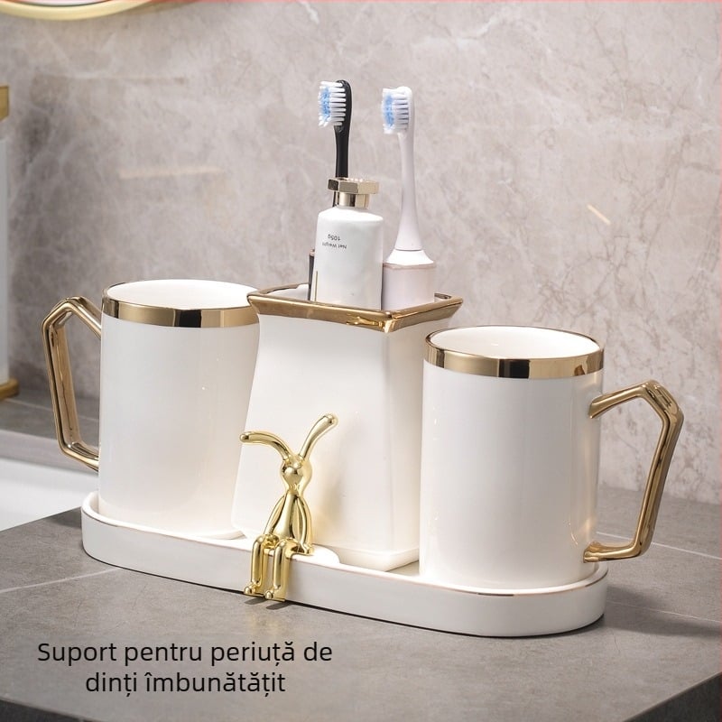 Set din două cești ceramice pentru periute de dinți, cu suport de depozitare