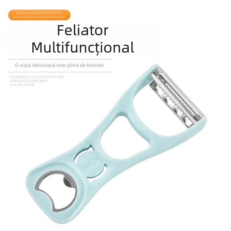 Unealtă de bucătărie multifuncțională cu răzătoare și deschizător de sticle, curățător de cartofi și feliator de pepene; din oțel inoxidabil și mâner din plastic