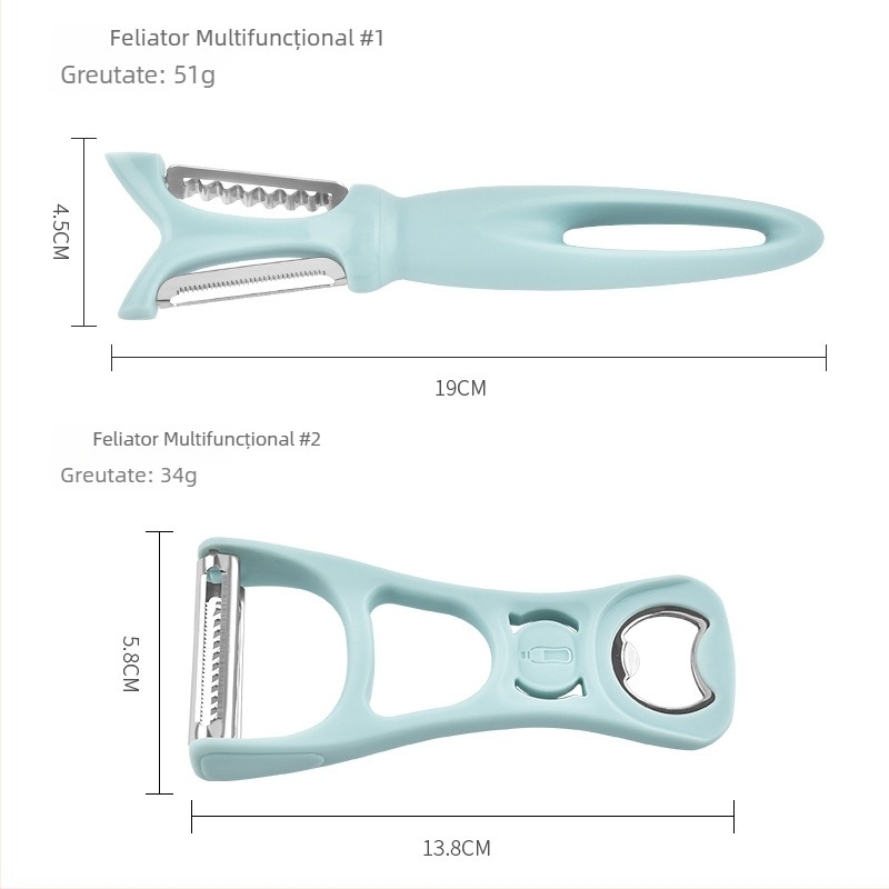Unealtă de bucătărie multifuncțională cu răzătoare și deschizător de sticle, curățător de cartofi și feliator de pepene; din oțel inoxidabil și mâner din plastic