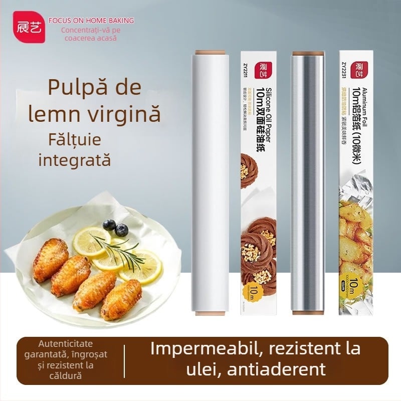 Hârtie de copt cu acoperire din silicon și folie de aluminiu, calitate alimentară, pentru cuptor și friteuză cu aer casnic