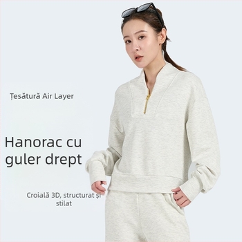 Hanorac sport pentru femei cu glugă, fermoar parțial, respirabil, confortabil, design 3D cu strat de aer