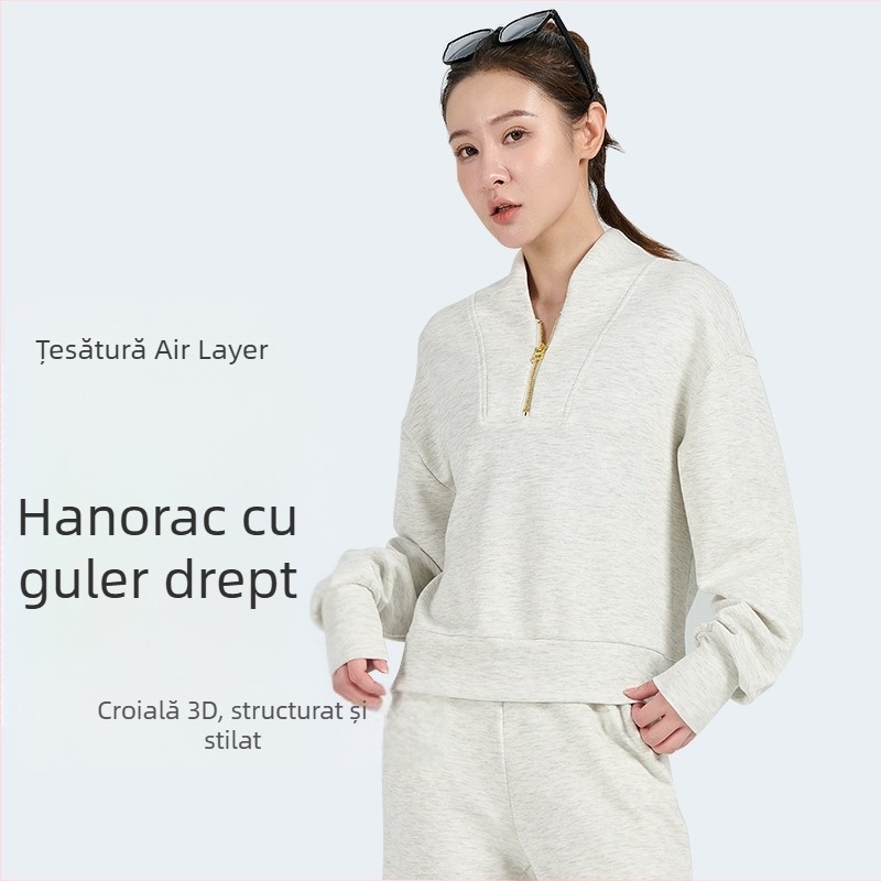 Hanorac sport pentru femei cu glugă, fermoar parțial, respirabil, confortabil, design 3D cu strat de aer