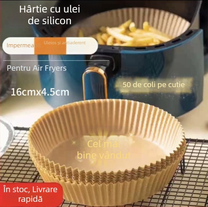 Hârtie de copt cu acoperire din silicon, circulară, compatibilă cu friteza cu aer, hârtie de copt multifuncțională pentru cuptor, certificat pentru alimente