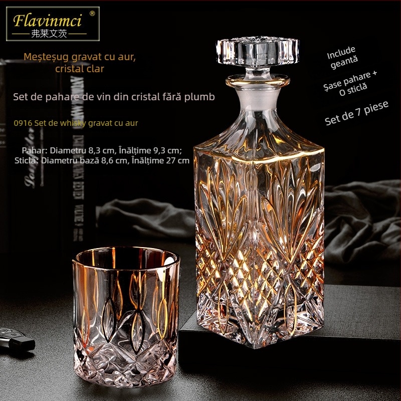 Set de pahare de vin din cristal, stil european, cu accente aurii, 6–10 bucăți; pentru bar sau uz casnic; pahare de brandy și whisky.