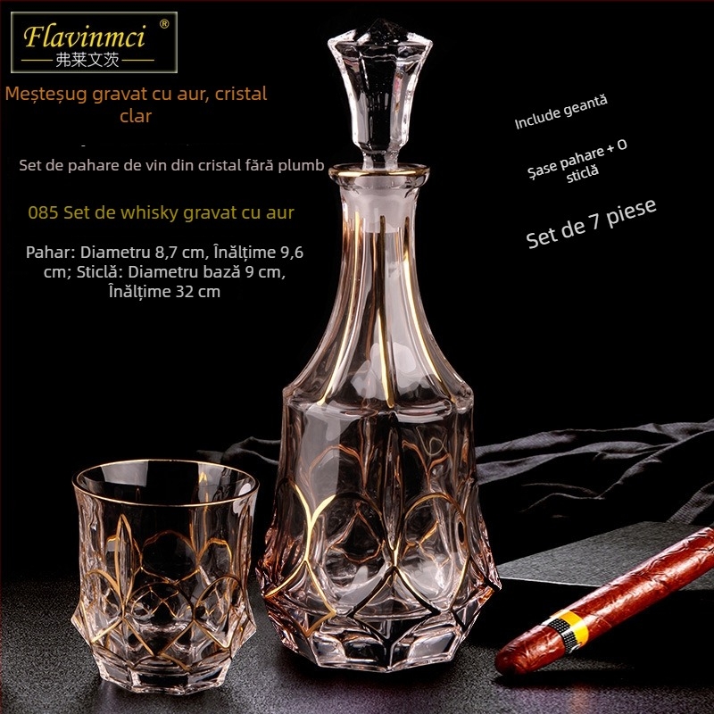 Set de pahare de vin din cristal, stil european, cu accente aurii, 6–10 bucăți; pentru bar sau uz casnic; pahare de brandy și whisky.