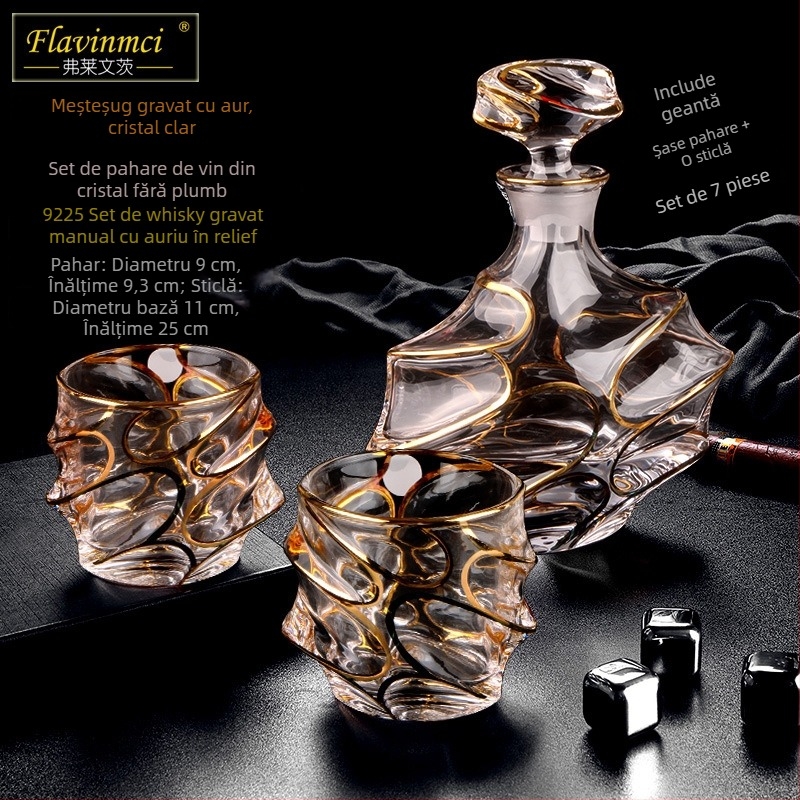Set de pahare de vin din cristal, stil european, cu accente aurii, 6–10 bucăți; pentru bar sau uz casnic; pahare de brandy și whisky.