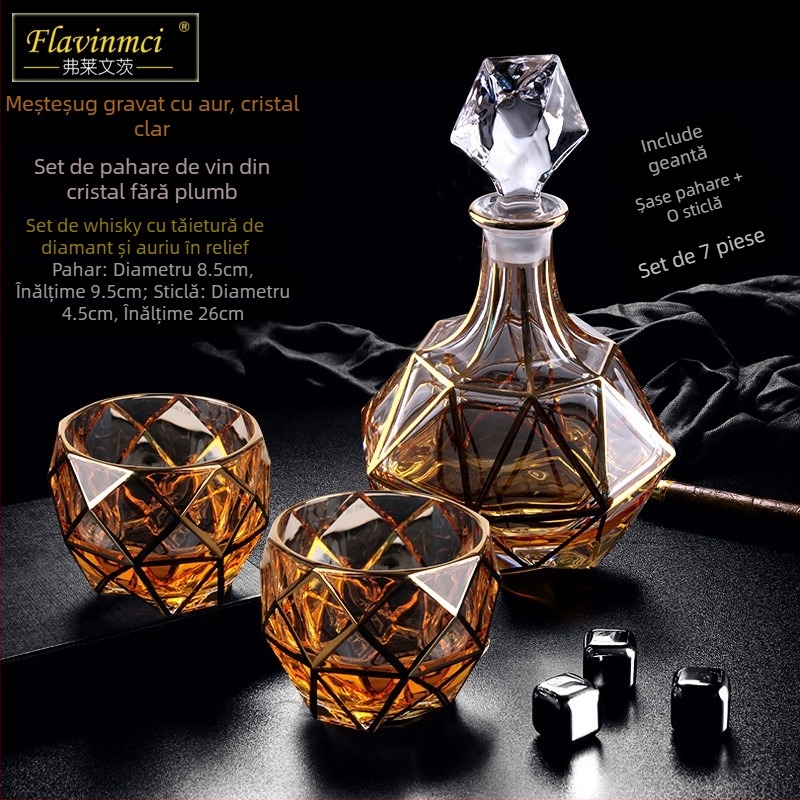 Set de pahare de vin din cristal, stil european, cu accente aurii, 6–10 bucăți; pentru bar sau uz casnic; pahare de brandy și whisky.