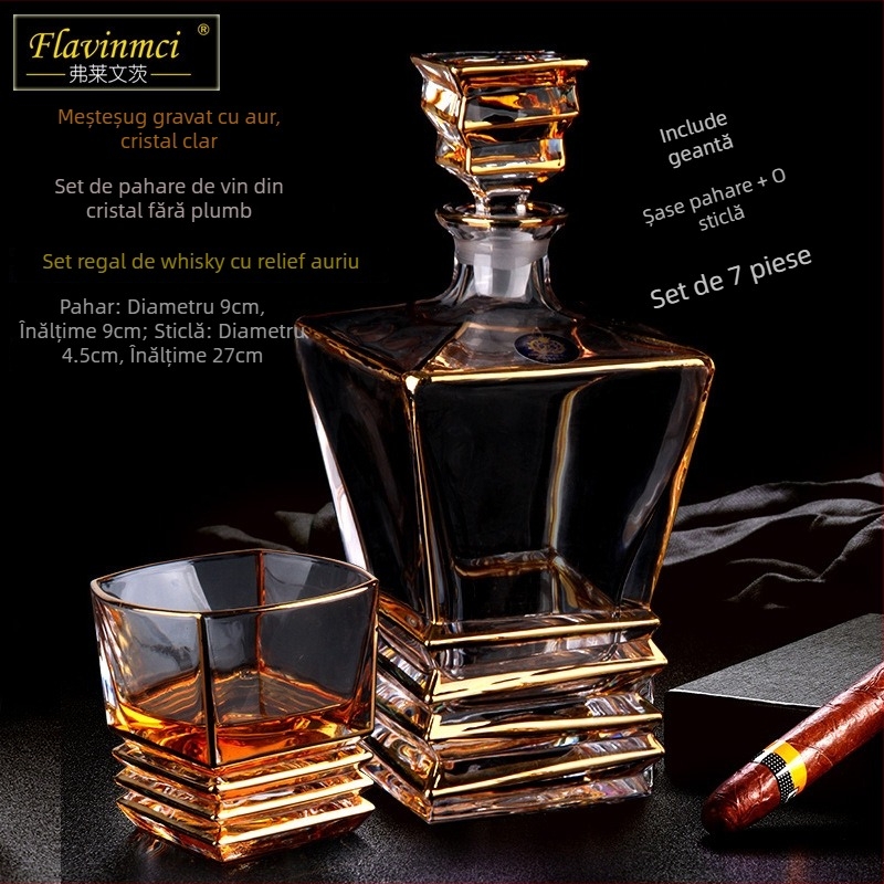 Set de pahare de vin din cristal, stil european, cu accente aurii, 6–10 bucăți; pentru bar sau uz casnic; pahare de brandy și whisky.