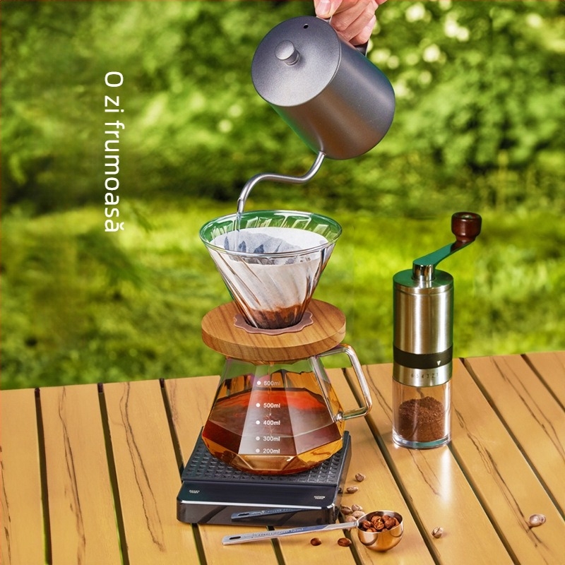 Set cafea pentru camping în aer liber, portabil, cu râșniță manuală și cutie de depozitare