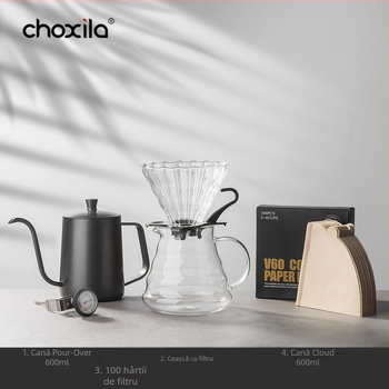 Set portabil pentru cafea pour-over cu ceainic, râșniță pentru cafea și cântar electronic, într-o cutie cadou
