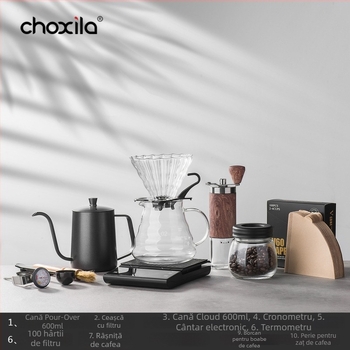 Set portabil pentru cafea pour-over cu ceainic, râșniță pentru cafea și cântar electronic, într-o cutie cadou