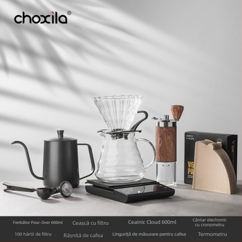 Set portabil pentru cafea pour-over cu ceainic, râșniță pentru cafea și cântar electronic, într-o cutie cadou