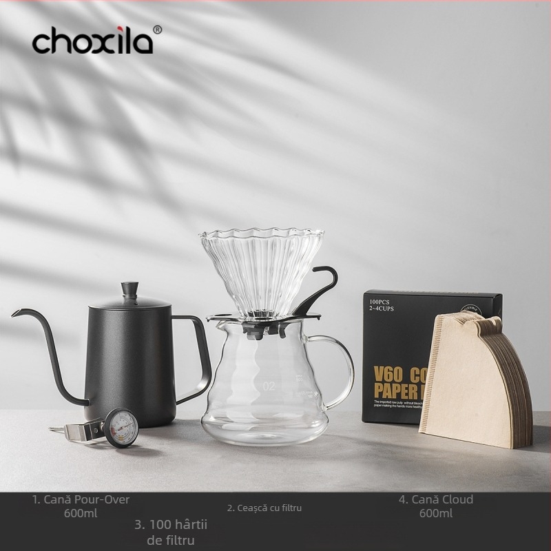 Set portabil pentru cafea pour-over cu ceainic, râșniță pentru cafea și cântar electronic, într-o cutie cadou