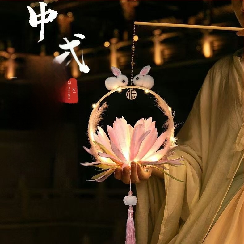 Lampion portabil în stil antic pentru copii, cu iepuraș, pentru Festivalul de Toamnă, lanternă rotundă cu design floral și motiv iepure din jad, iluminată