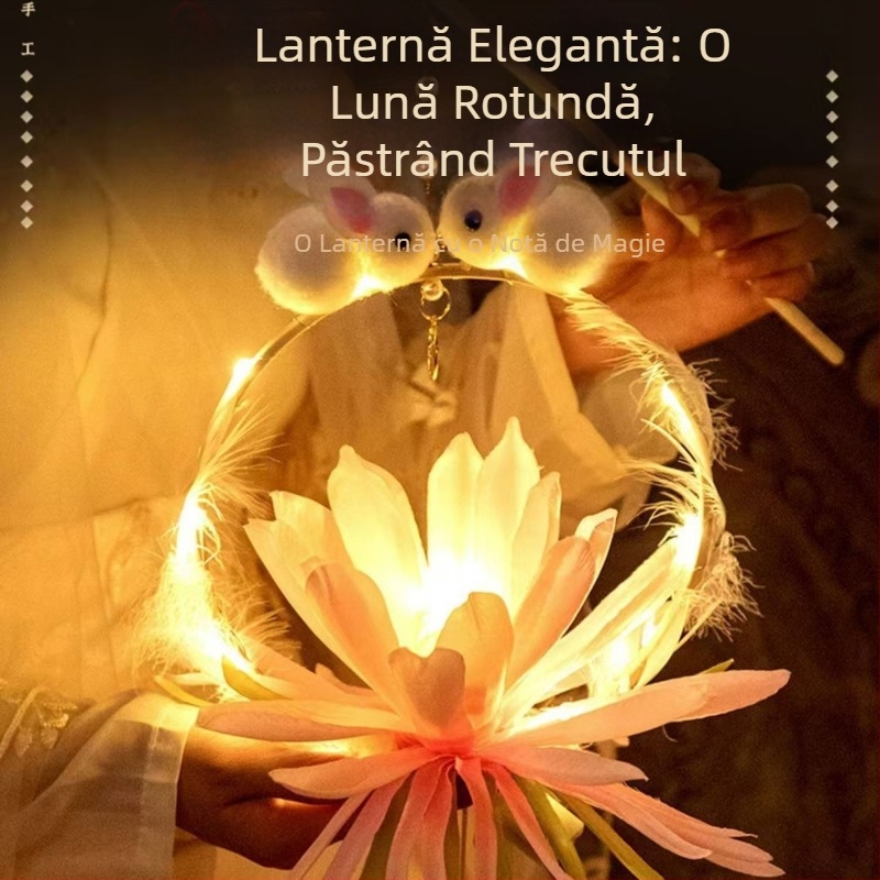 Lampion portabil în stil antic pentru copii, cu iepuraș, pentru Festivalul de Toamnă, lanternă rotundă cu design floral și motiv iepure din jad, iluminată