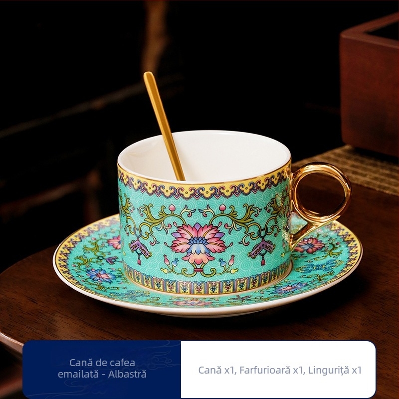 Set de ceașcă și farfurioară pentru cafea, emailată, în stil nordic retro, design rafinat