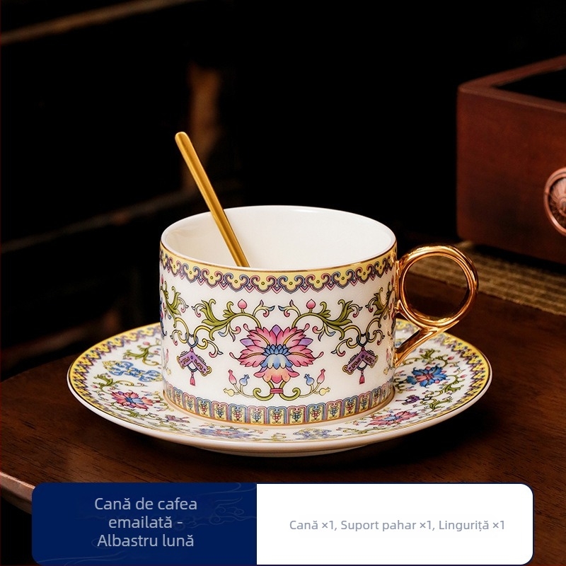 Set de ceașcă și farfurioară pentru cafea, emailată, în stil nordic retro, design rafinat