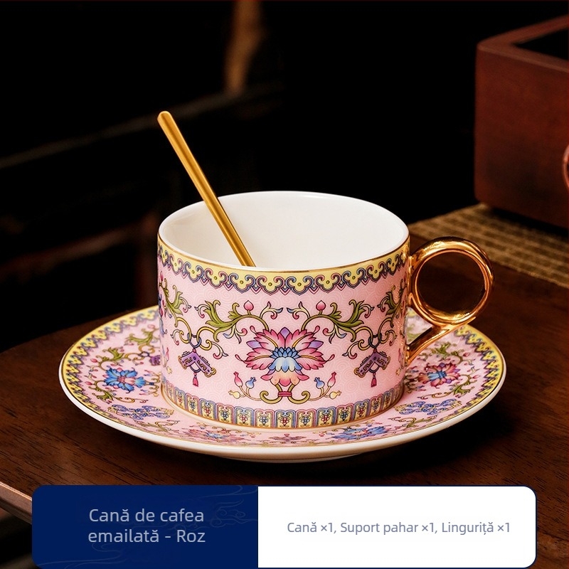 Set de ceașcă și farfurioară pentru cafea, emailată, în stil nordic retro, design rafinat