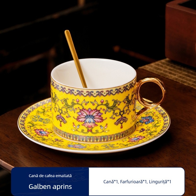 Set de ceașcă și farfurioară pentru cafea, emailată, în stil nordic retro, design rafinat