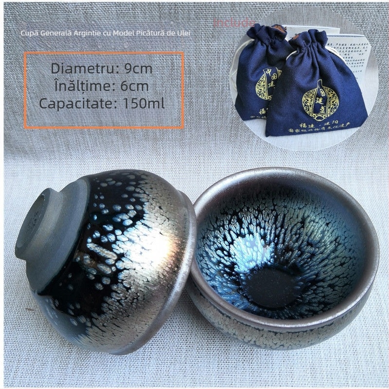 Ceașcă de ceai Jianyao autentică cu un bol mare Jian Kiln, ceramică lucrată manual cu glazură de picături de ulei