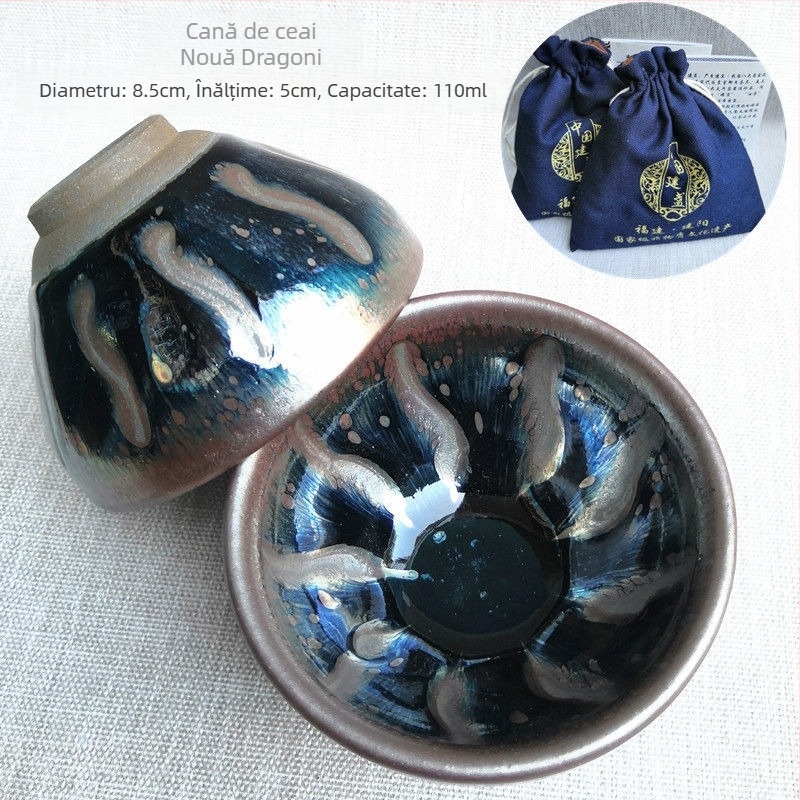 Ceașcă de ceai Jianyao autentică cu un bol mare Jian Kiln, ceramică lucrată manual cu glazură de picături de ulei