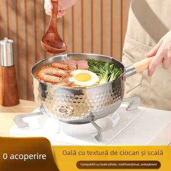 Oală de lapte din oțel inoxidabil 410, corp gros, mică, antiaderentă, stil japonez cu textură ciocan, mâner din lemn, fără acoperire