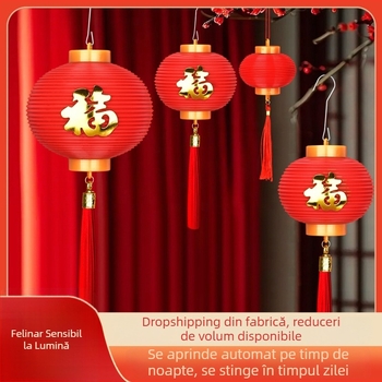 Lanterne roșie cu senzor de lumină, fără cablu, decor de Anul Nou, felinar cu binecuvântare, lampă cu baterii, cadou festiv