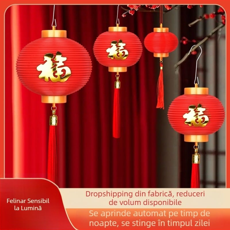 Lanterne roșie cu senzor de lumină, fără cablu, decor de Anul Nou, felinar cu binecuvântare, lampă cu baterii, cadou festiv