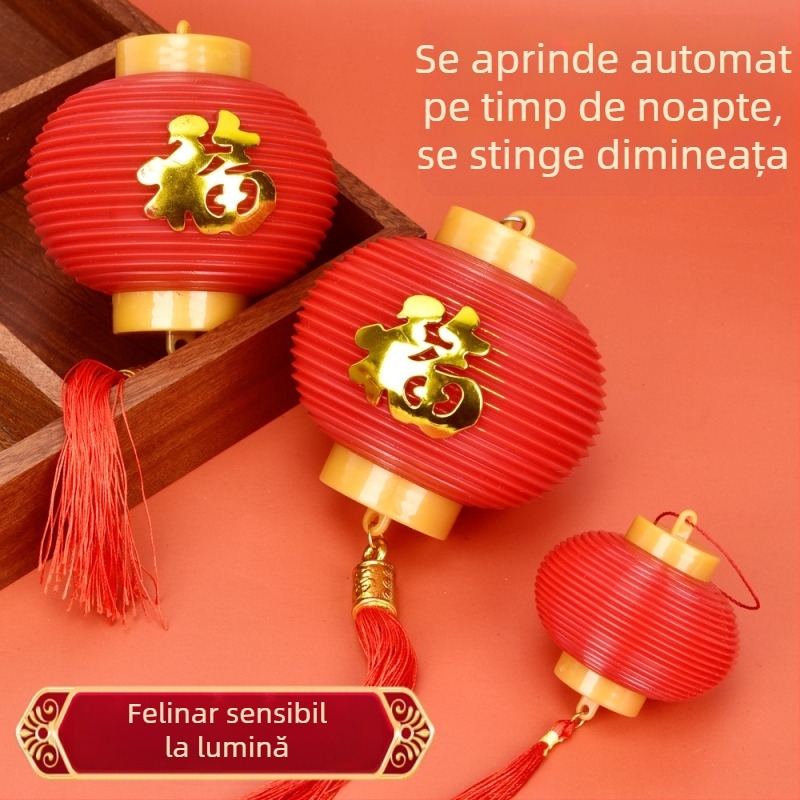 Lanterne roșie cu senzor de lumină, fără cablu, decor de Anul Nou, felinar cu binecuvântare, lampă cu baterii, cadou festiv