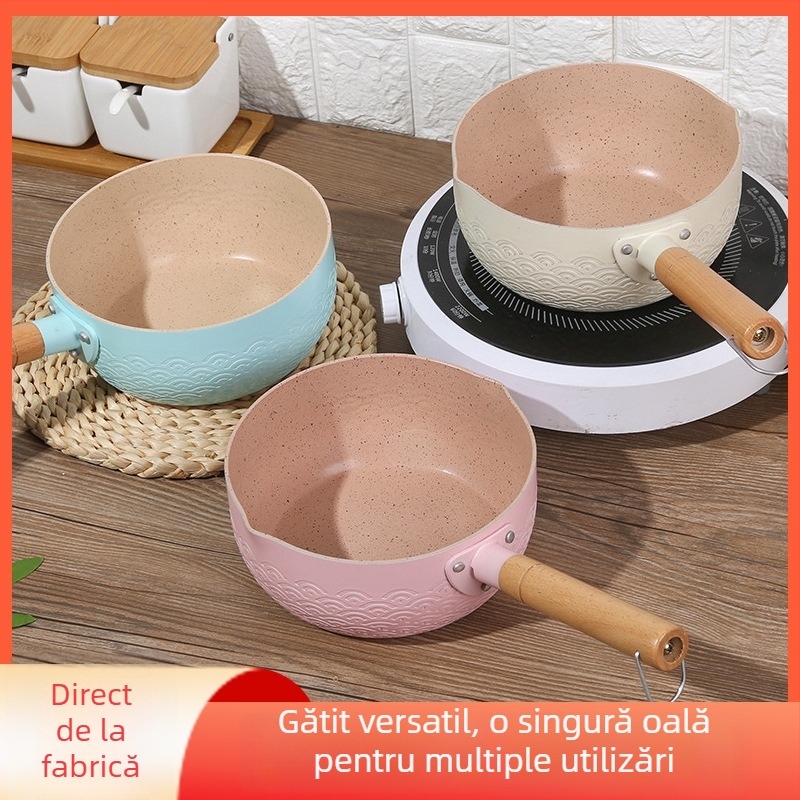 Tigaie japoneză cu textură ciocănită și piatră Maifan, vas din aluminiu antiaderent pentru lapte, potrivit pentru hrana bebelușilor, paste și supe, cu capac