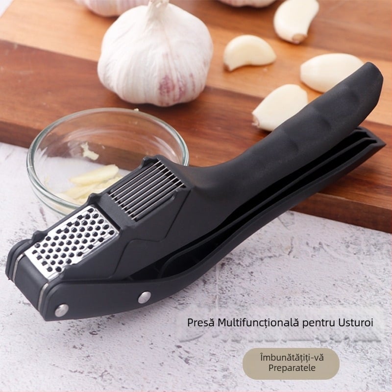 Presă de usturoi multifuncțională pentru bucătărie, cu curățător și tăietor de usturoi, funcție dublă, oțel inoxidabil, 19 × 6,5 × 3,5 cm