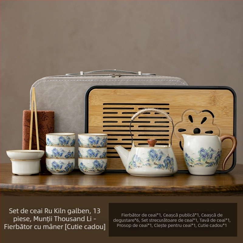 Set portabil de ceai Ru Kiln pentru călătorii – ceainic ceramic, gaiwan, tavă de ceai, set cadou complet