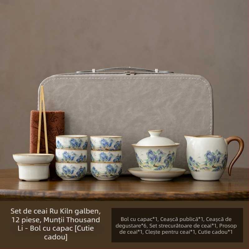 Set portabil de ceai Ru Kiln pentru călătorii – ceainic ceramic, gaiwan, tavă de ceai, set cadou complet