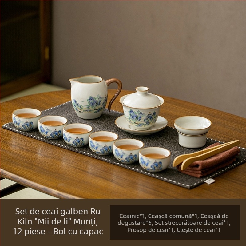 Set portabil de ceai Ru Kiln pentru călătorii – ceainic ceramic, gaiwan, tavă de ceai, set cadou complet
