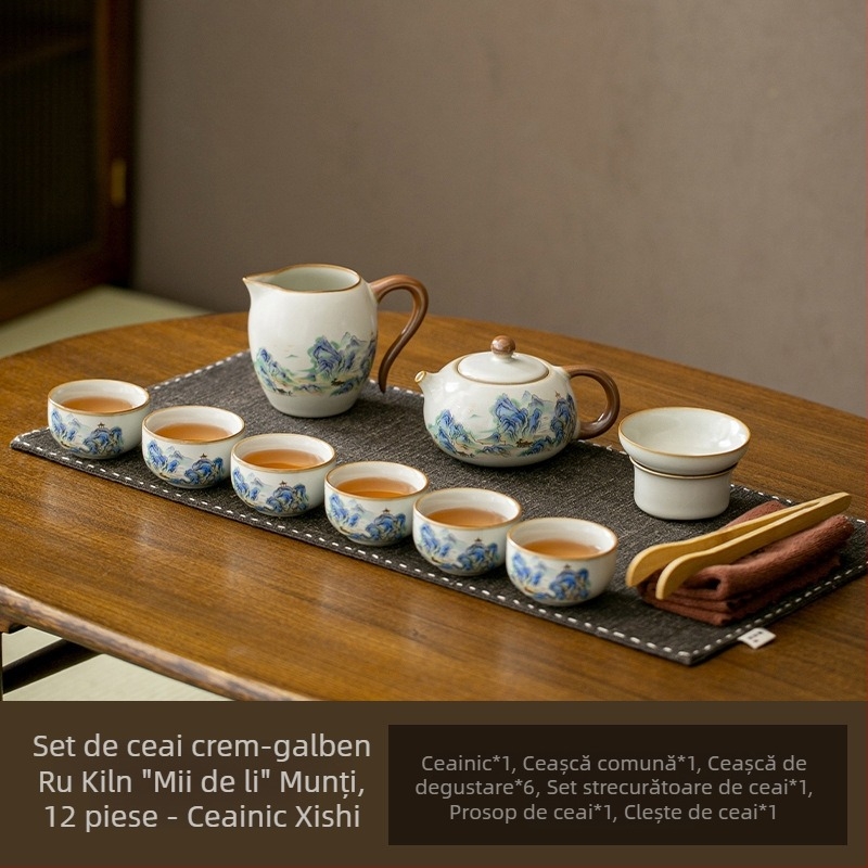 Set portabil de ceai Ru Kiln pentru călătorii – ceainic ceramic, gaiwan, tavă de ceai, set cadou complet