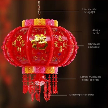 Lampion LED multicolor, rotativ pentru balcon, cu simbolul Fu, lampion roșu de ușă pentru nunți și mutări, decor pentru Anul Nou Chinezesc