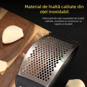 Presa de usturoi din oțel inoxidabil, manuală, curbată, cu decojit usturoi