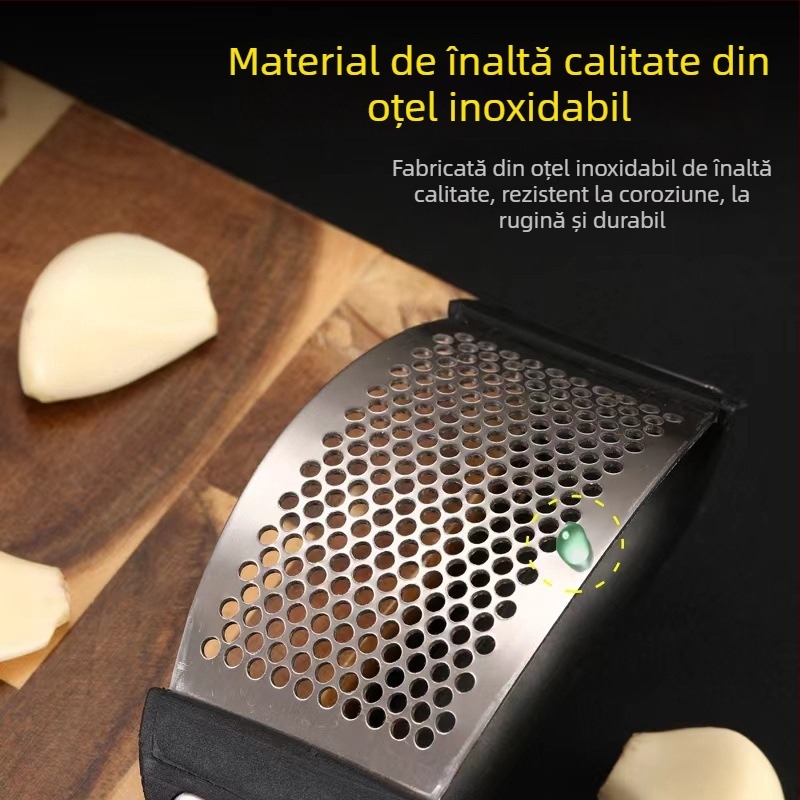 Presa de usturoi din oțel inoxidabil, manuală, curbată, cu decojit usturoi